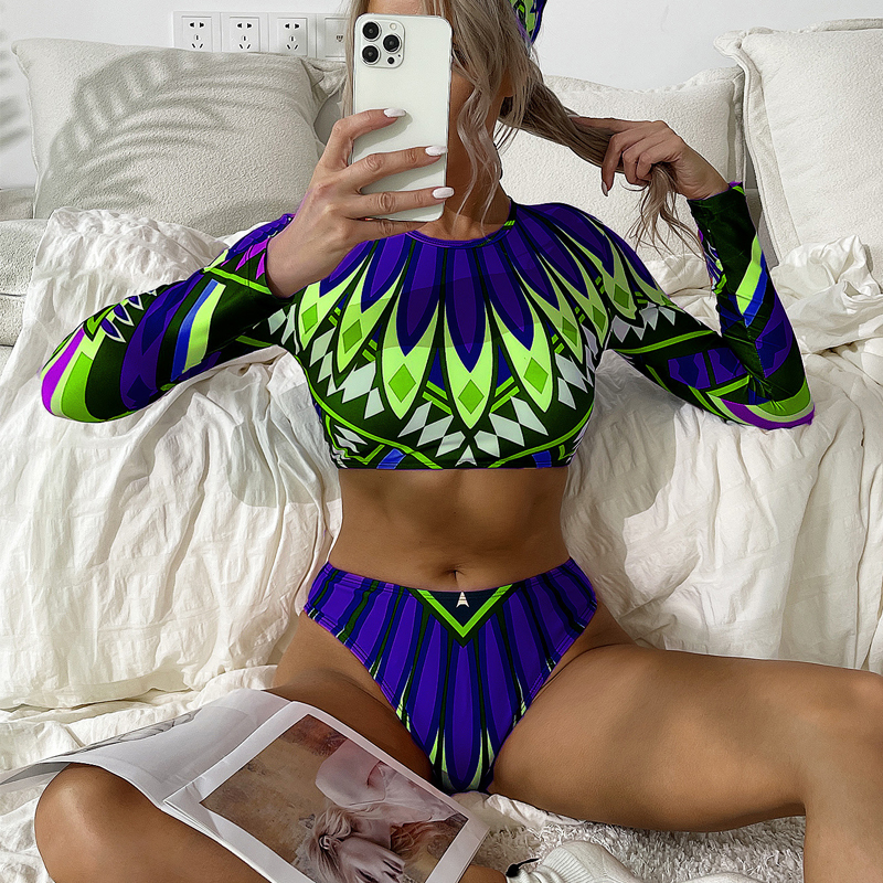 Women's Full Print High Waist Bikini Swimsuit With Bandana