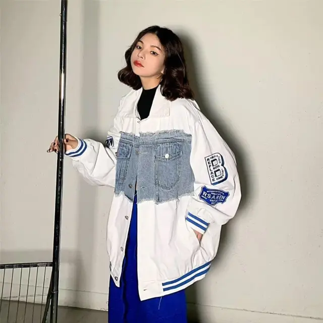 Design Sense Stitching Denim Jacket Loose White - Shop at LoveMi
