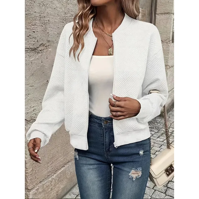 Womens Bomber Jacket Coat Casual Textured Stand Collar Zip Up Fall Fashion Jackets Outfits White - Shop at LoveMi