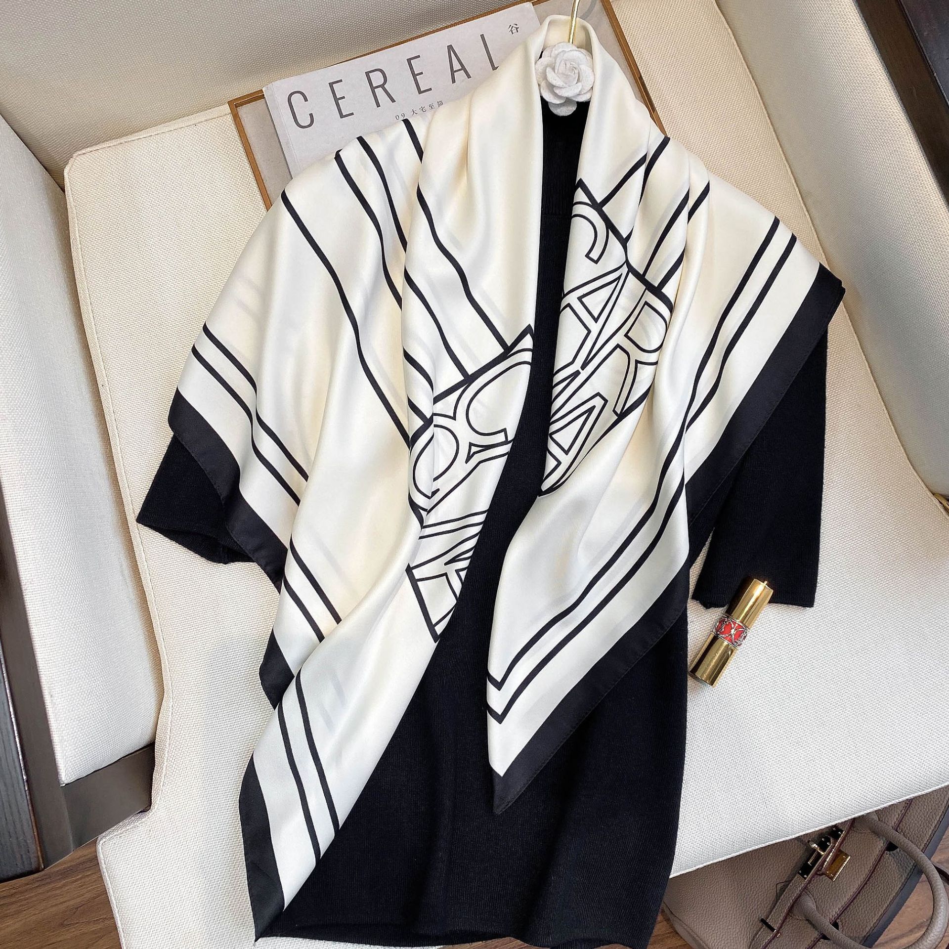 Spring Summer Geometric Pattern Blue Plain Print Scarf White - Shop at LoveMi