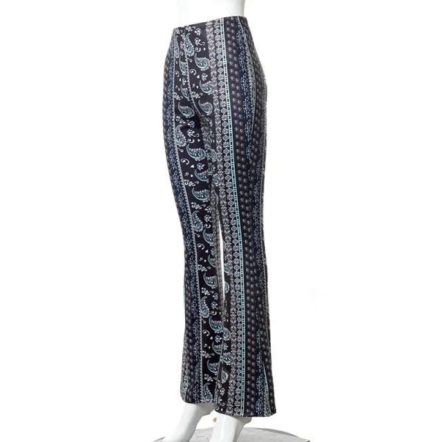 Ladies Printed High Waist Pack Hip Flared Trousers Casual Pants Black - Shop at LoveMi