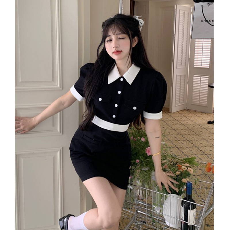 Women's Contrast Color Reducing Age Bubble Short Sleeve Shirt High Waist Skirt Suit