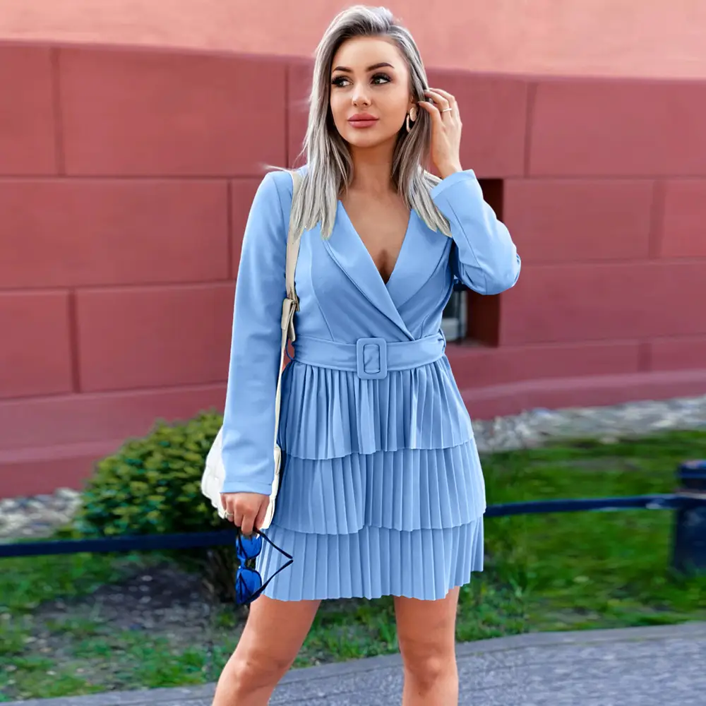 Pleated Mid-length Coat Skirt European And American Foreign Trade V-neck Design Temperament Coat