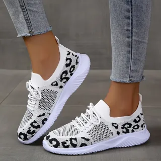 White Shoes Women Leopard Print Lace-up Sneakers Sports - Black