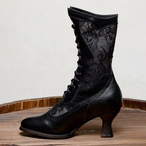 British Style Lace-paneled Boots With Front Lace-up