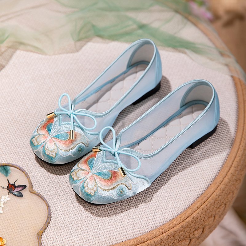 Butterfly Embroidered Mesh Shoes For Women - Spring & Summer Breathable Flats, Shallow-Cut Soft Sole Shoes For Hanfu & Mamian Skirts