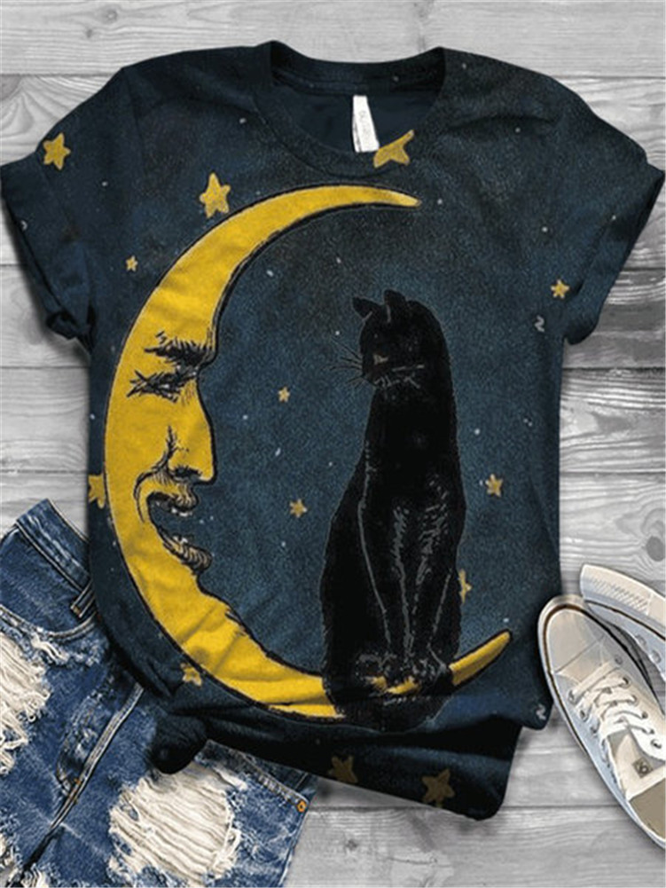 Title 2, Moon Cat Print Comfortable Round Neck Short Sle...