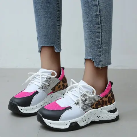 Leopard Print Sneakers Women Lace Up Walking Running Sports