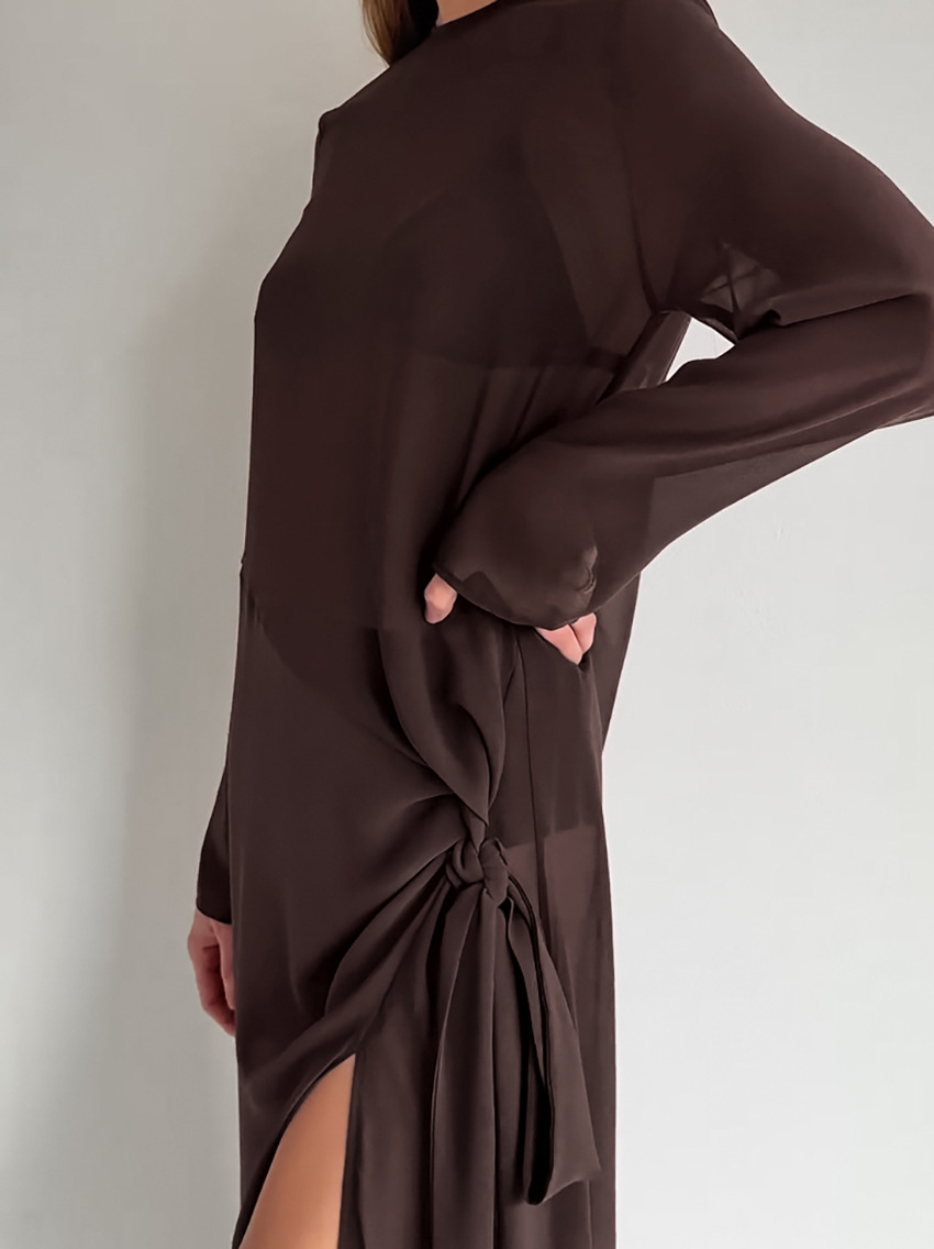 Mesh Sheer Round Neck Long Sleeve Tie Bow Slit Dress