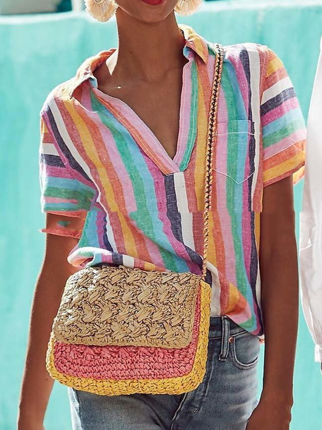 Women's New Fashion Color Striped Short Sleeve Loose Shirt