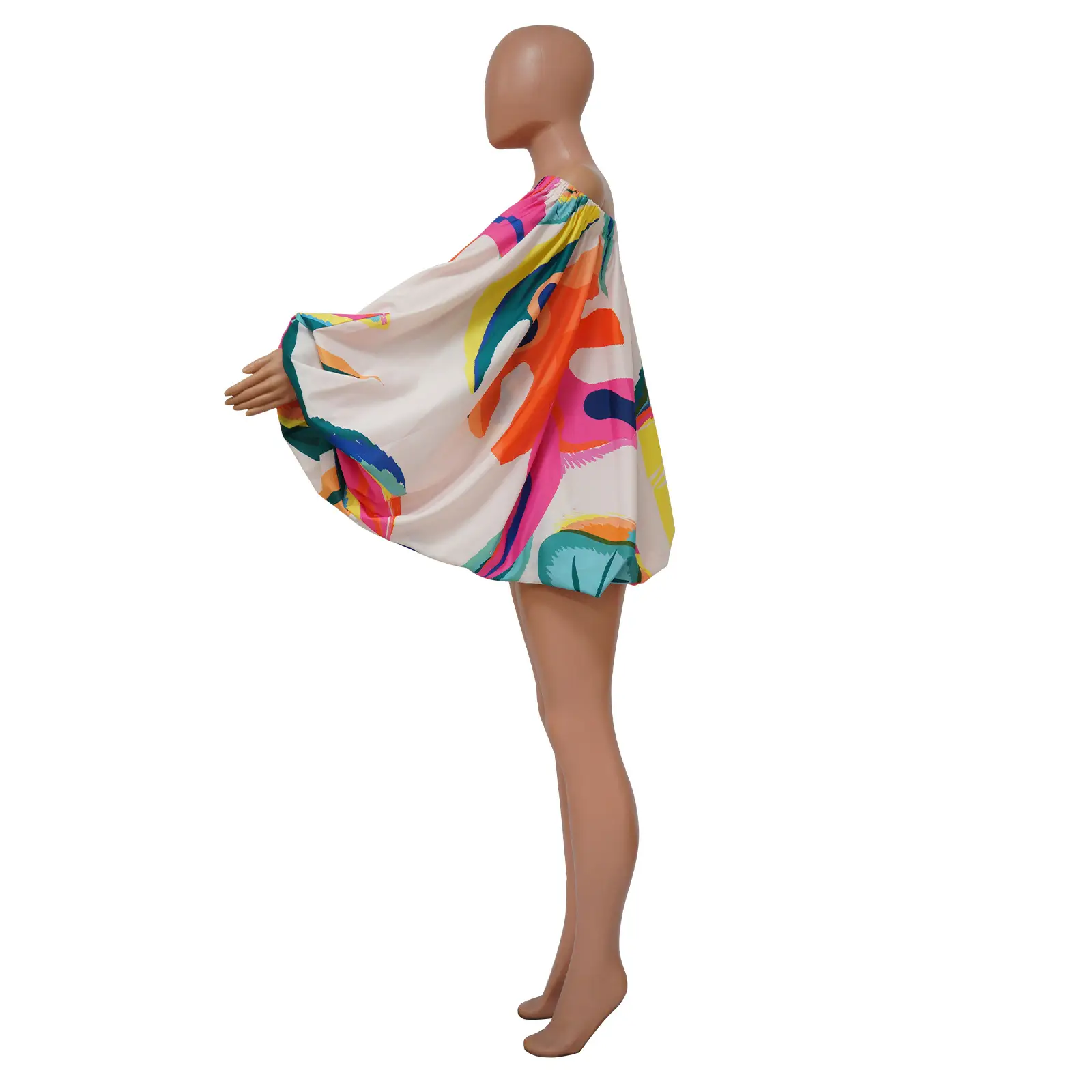 Off Shoulder Satin Printed Bat Sleeve Dress