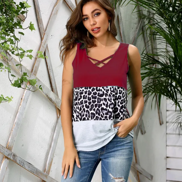 Sleeveless Leopard Panel V Neck Top Red - Shop at LoveMi