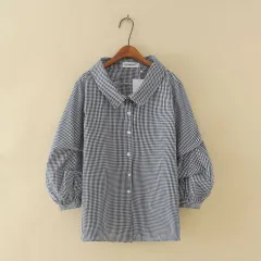 Lantern Three-quarter Sleeve Plaid Shirt Top - Black - View 1