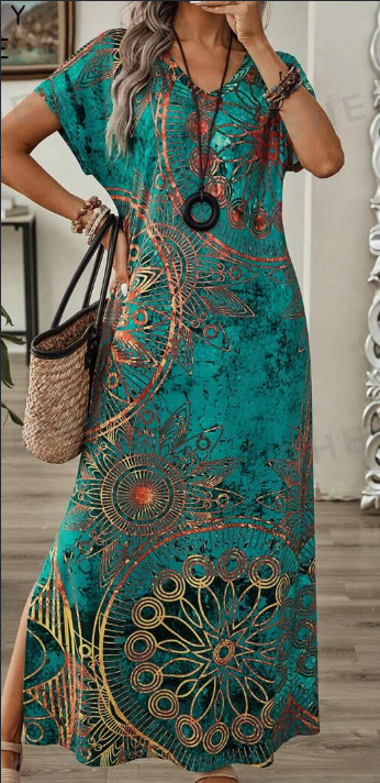 Women's Vintage Floral Print V-Neck Batwing Sleeve Casual Summer Dress Maxi Wome - Picture 2 of 2