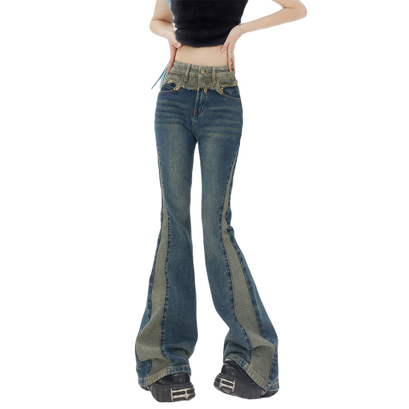 High-waist Design Feeling And Raw Hem Waistband Vintage Flared Trousers