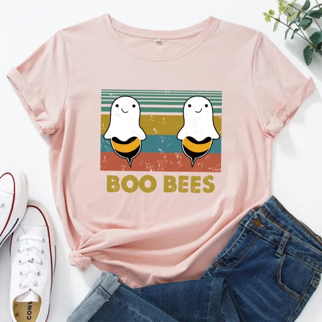 European And American Women's Loose Round Neck Creative Short Sleeve T shirt Women Light Pink - Shop at LoveMi