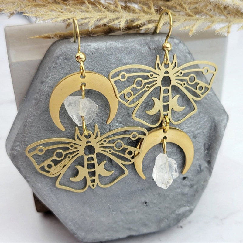 Women's Fashion Gold Plated Moth Moon Drop Earrings