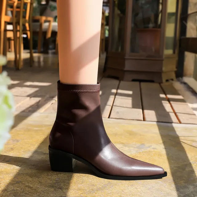 High Heeled Pointed Toe Sexy Skinny Short Boots Brown - Shop at LoveMi