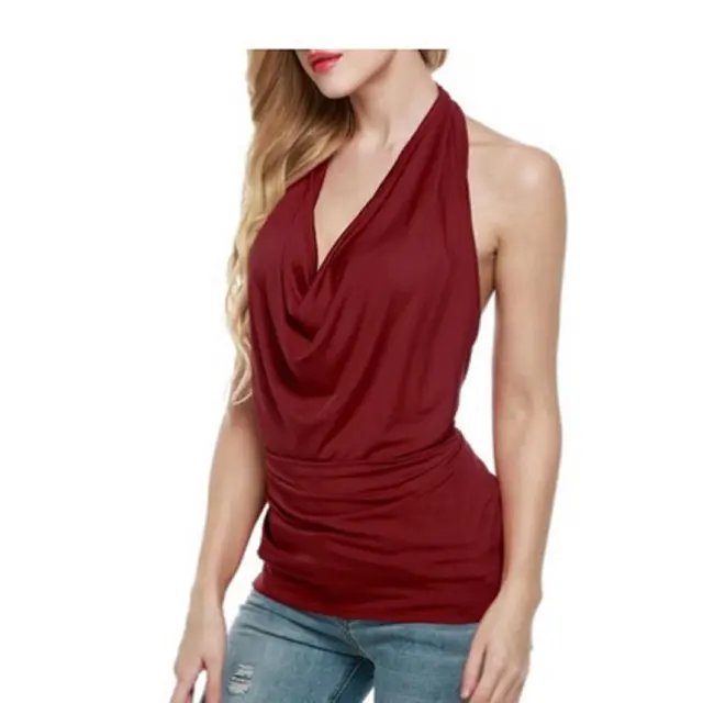 Slim Halter Sleeveless Deep V Swing Neck Halter Top Wine Red - Shop at LoveMi
