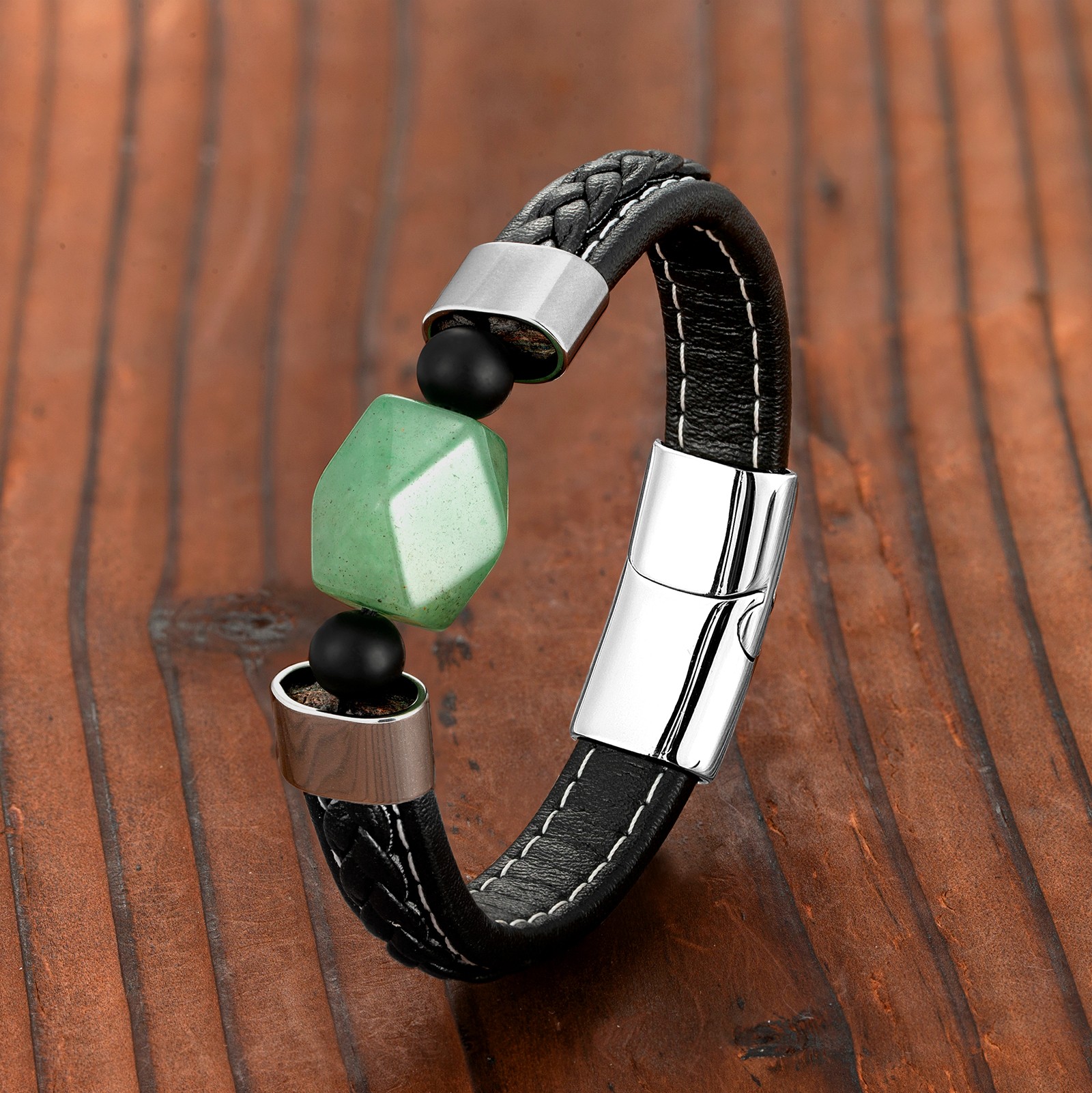 Natural Agate Stainless Steel Leather Rope Bracelet