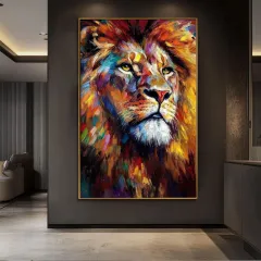 Abstract Animal Canvas Handmade Oil Painting Colorful Lion Painting Modern Stylish Animals Wall Art Home Living Room Decor - Without Inner Frame - View 1