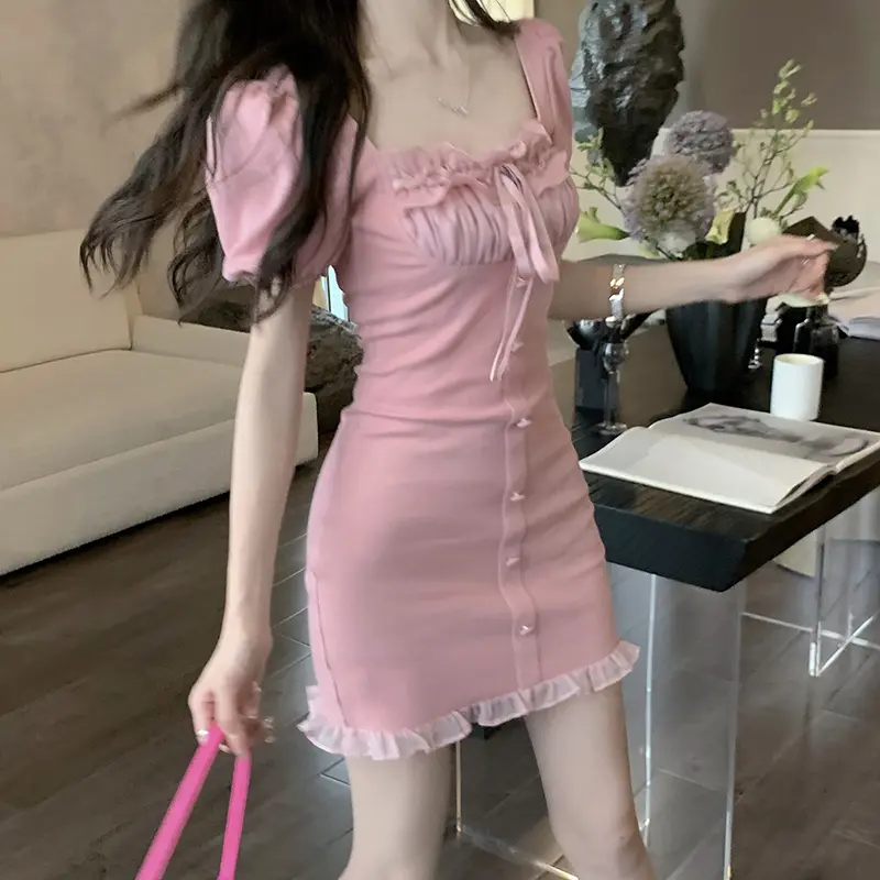 Women's Lace Collar Receive Waist Square Neck Thin Puff Sleeve Dress