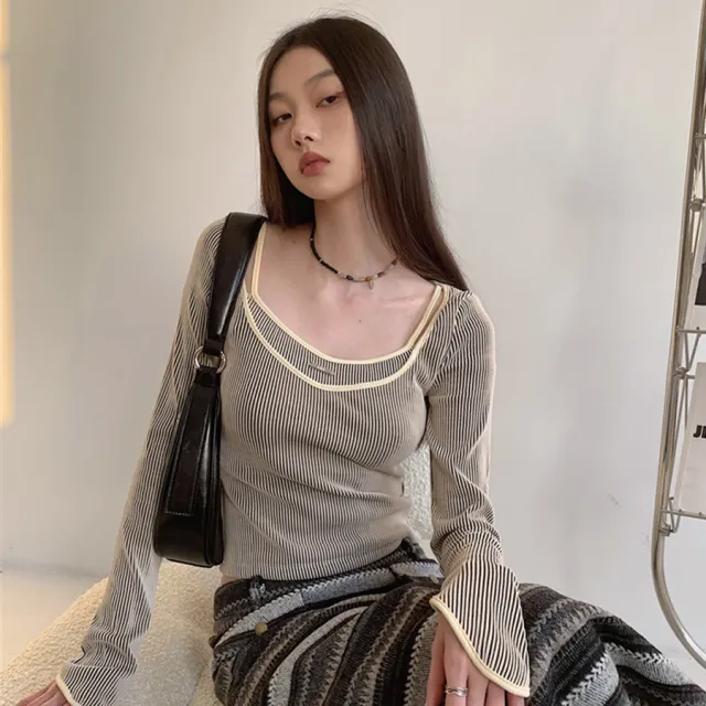 Striped Long Sleeve Square neck Slim Fit Slimming Casual All matching Tops Stripes M - Shop at LoveMi