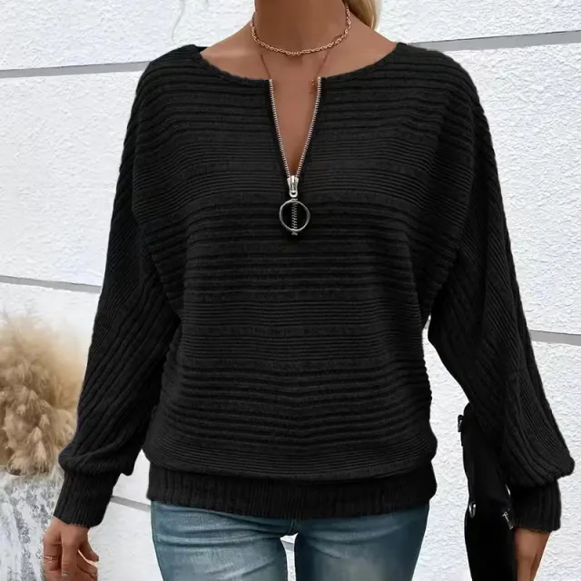 Women's Elegant Batwing Sleeve Half Zip Top, Ribbed Texture Pullover For Casual To Formal Autumn Winter Wear Black - Shop at LoveMi