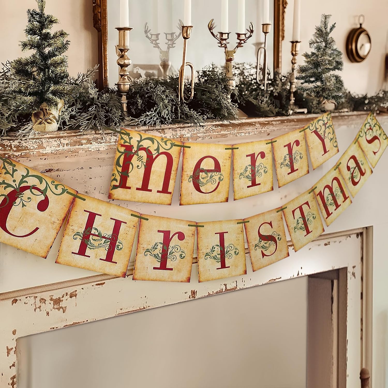 Christmas Decorations, Vintage Merry Christmas Banner, Rustic Holiday Hanging Decor For Home, Living Room, Fir