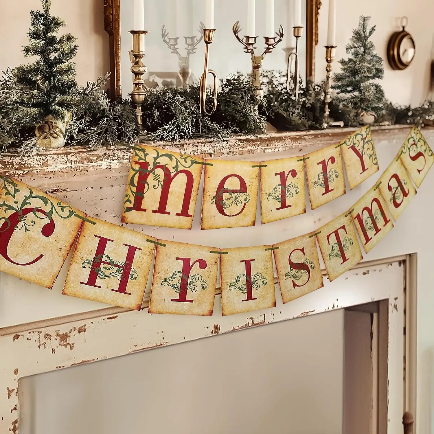 Christmas Decorations, Vintage Merry Banner, Rustic Holiday