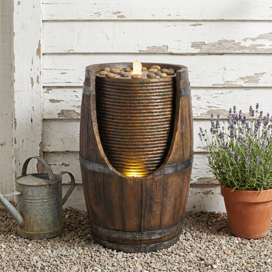 Outdoor Barrel Water Fountain With Lights Rustic Wood Look Resin Handmade Waterfall Garden Decor For Patio Yard Porch — foto 8