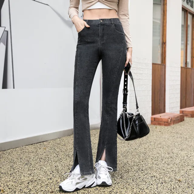 Women's High Waist Slim Skinny Stretch Slit Jeans Grey - Shop at LoveMi