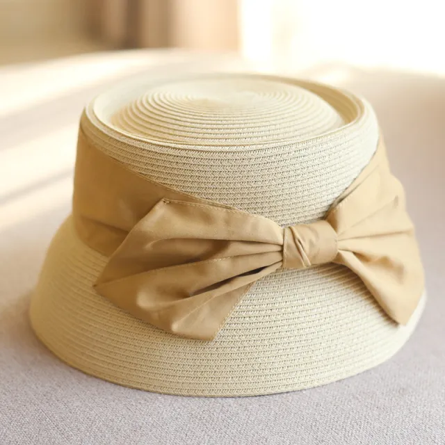 Concave Top Straw Woven Bucket Hat Cotton Bow Beige - Shop at LoveMi