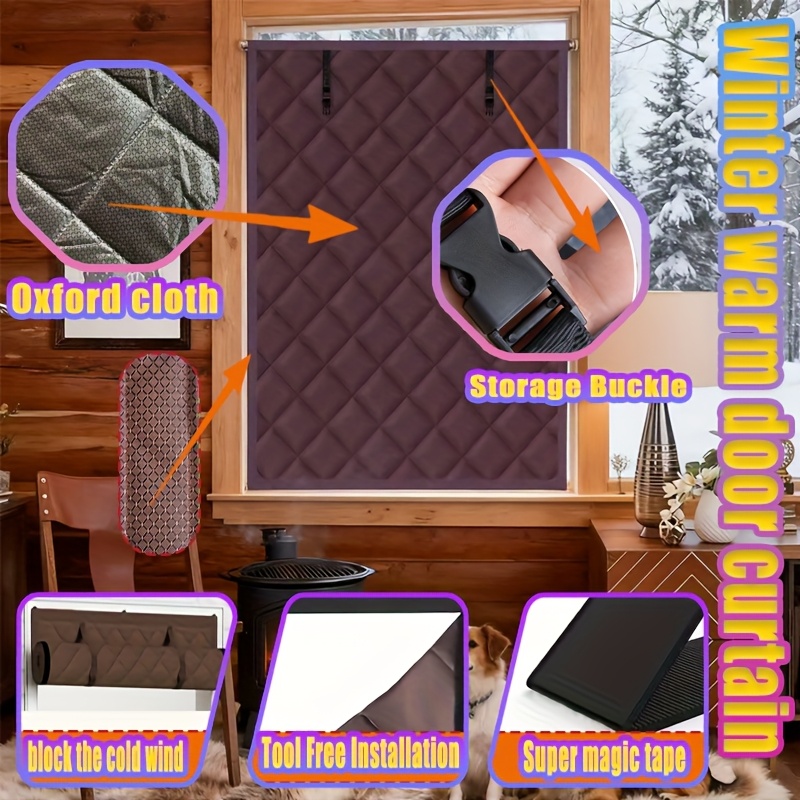 Magnetic Thermal Insulated Door Curtain, Diamond Grid Thick Cotton, Windproof Soundproof Drape, Roll Up Design, Winter Cold Protection