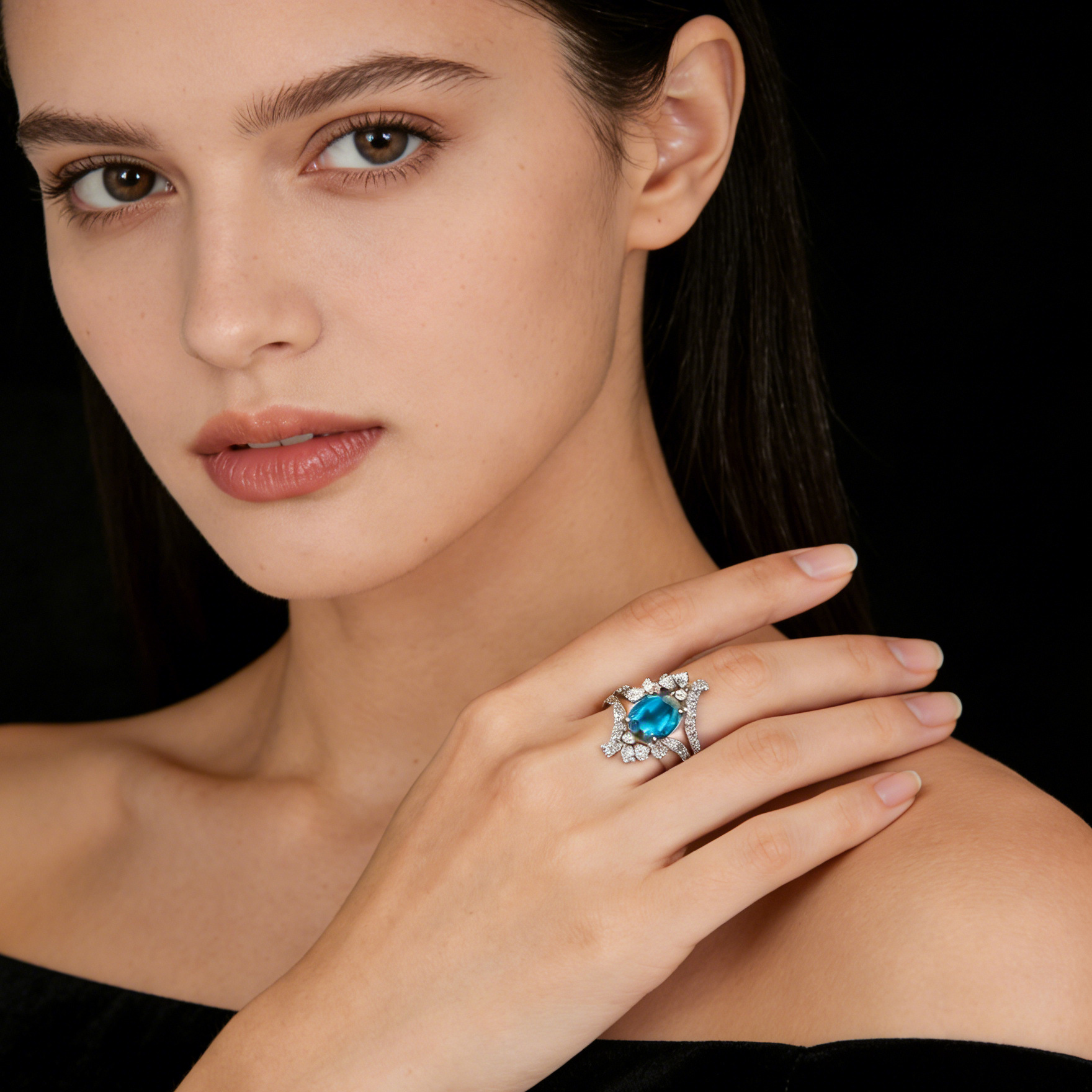 Light Luxury Platinum Plated Copper Blue Diamond Ring, High-end Hollow Full Paved Zircon Engagement Band, Cross-border Jewelry