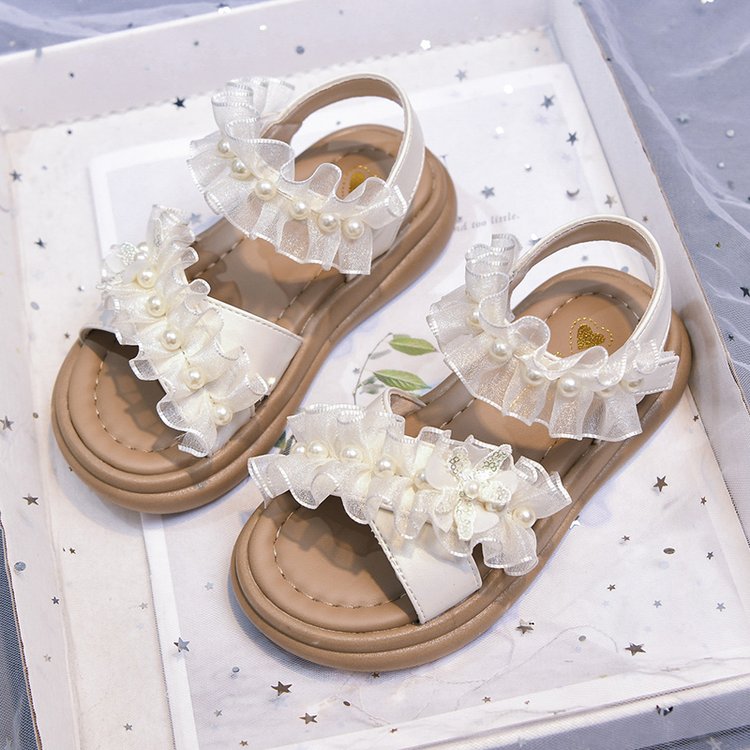 Girls' Trendy Princess Shoes, New Girls' Soft Soled Roman Shoes, Medium And Large Children's Mesh Pearl Beach Shoes