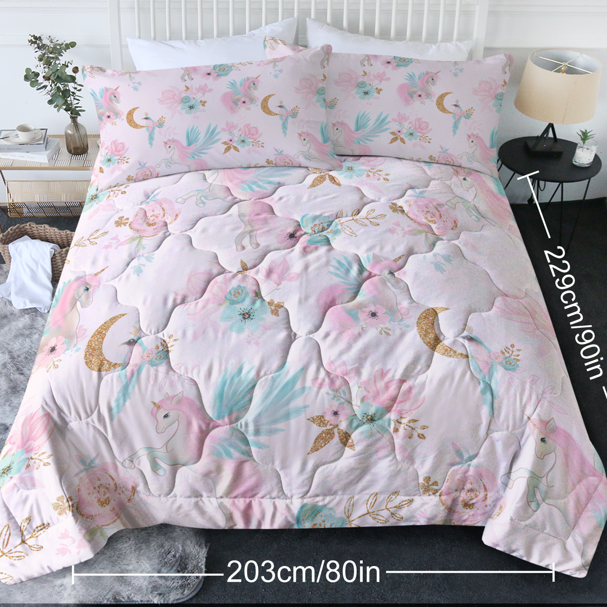 Girly Comforter Set For Girls-3 Pieces Rainbow Cartoon Comforter Sets For Kids,1 Comforter,2 Shams