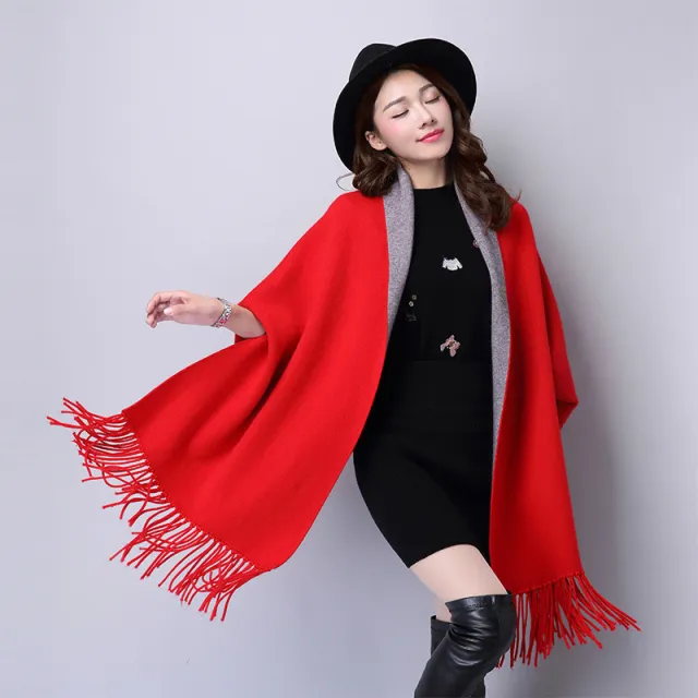 Ladies Shawl Cardigan Tassel Cape Sweater Coat Red - Shop at LoveMi
