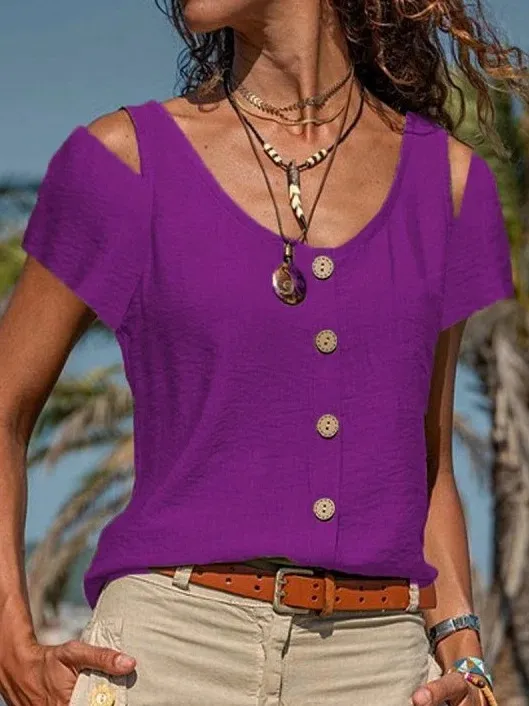 Solid Color V neck Button Short Sleeves Purple - Shop at LoveMi