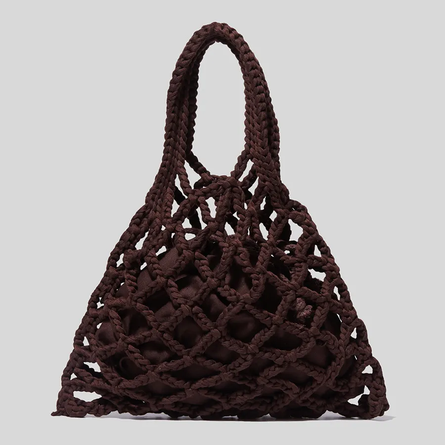 Cotton And Linen Woven Handbag Small Mesh Tote - Coffee