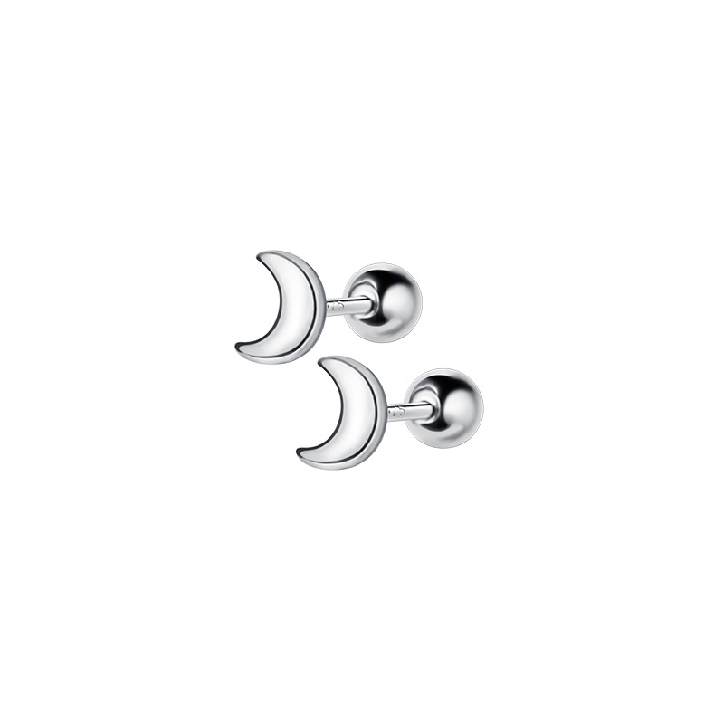 S925 Silver Earrings Female Glossy Moon With Ear Plug Spiral Beads