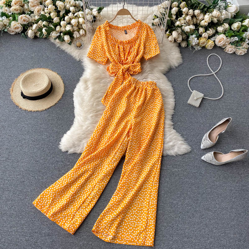 Two-piece Suit Of Round Neck Slim-fit High-waist Wide-leg Pants With Sweet Wood Ears