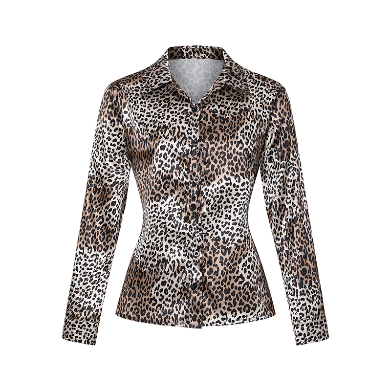 Women's Elegant Satin Lapel Long Sleeve Full Button Shirt Spring Autumn Fashion Tapered Waist Design With Sheen Leopard - Shop at LoveMi