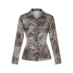 Women's Elegant Satin Lapel Long Sleeve Full Button Shirt Spring Autumn Fashion Tapered Waist Design With Sheen - Leopard - View 1