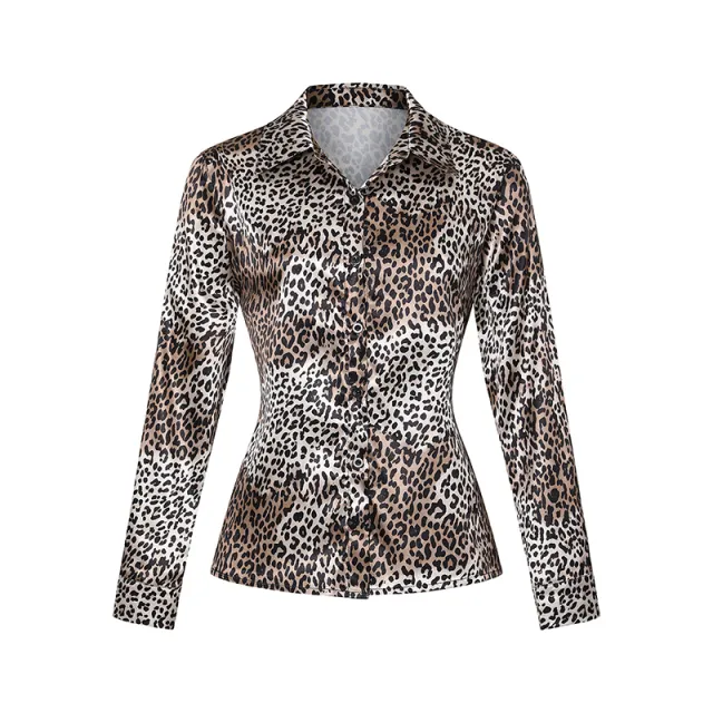Women's Elegant Satin Lapel Long Sleeve Full Button Shirt Spring Autumn Fashion Tapered Waist Design With Sheen Leopard - Shop at LoveMi