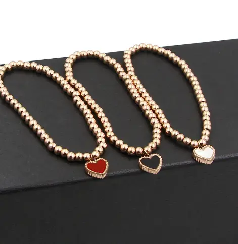 Lace Double-sided Peach Heart Beads Elastic Rope Titanium Steel 14K Color Gold Bracelet