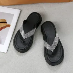 Women's Fashion Rhinestone Thick Bottom Heightening Slippers - Black - View 1