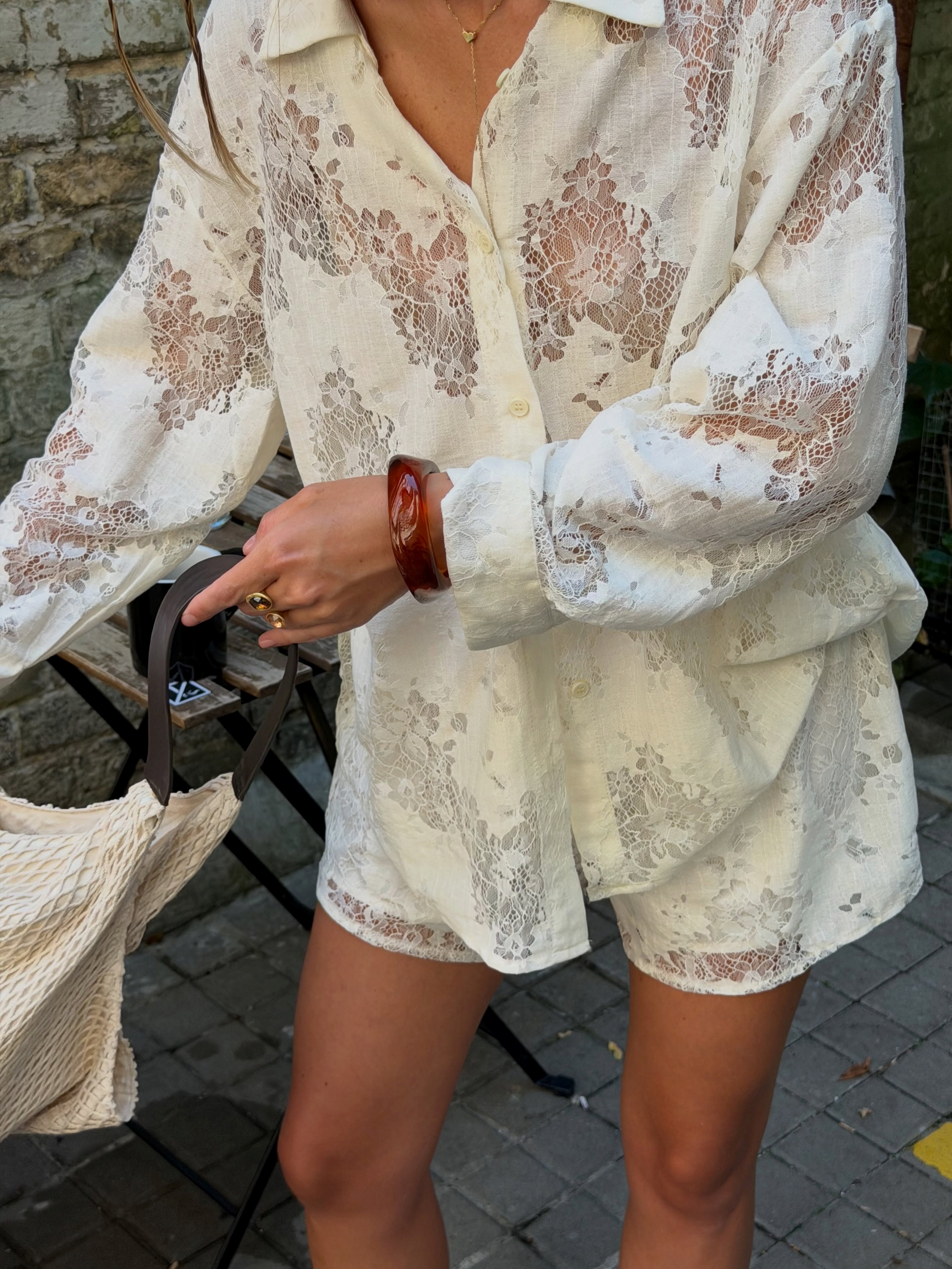 Floral Sheer Lace Oversized Shirt & Elastic Waist Lace Shorts 2-Piece Co-Ord Set 8