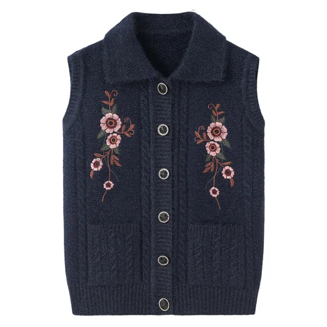 Waistcoat Embroidered Elderly Winter Vest Lapel Navy Blue - Shop at LoveMi