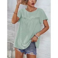 Short Sleeve Summer Tops Blouse Solid Colour Lace Babydoll Shirts - Green - View 1